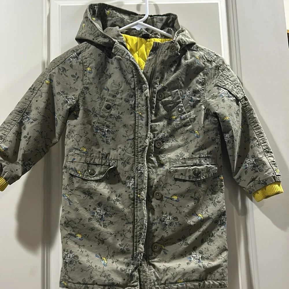 Baby Gap ZipUp Parka Jacket Coat w/hood loop buttons bird floral print lined 5T